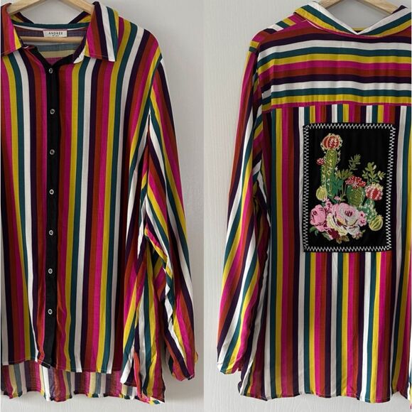 Andree By Unit Multicolor Stripes Embroidered Soft Flowy Cactus Floral Plus 1X - Picture 1 of 9